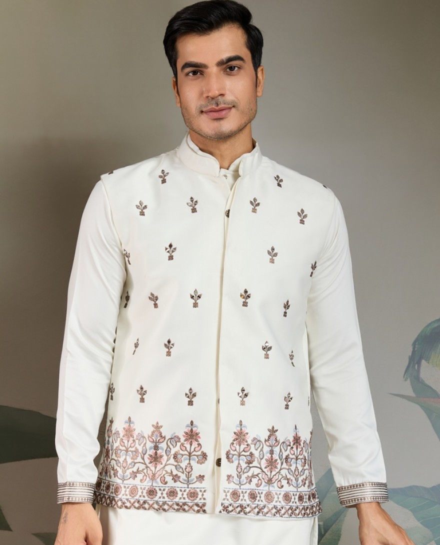 61103-WHITE  - Ivory Embroidered Kurta Set for Men